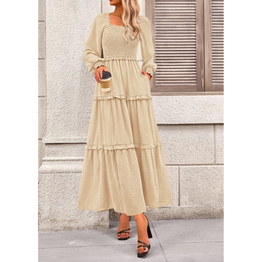 PrettyGarden Cream‎ Swiss Dot Smocked Tiered Maxi Dress Long Sleeve Beige Medium
